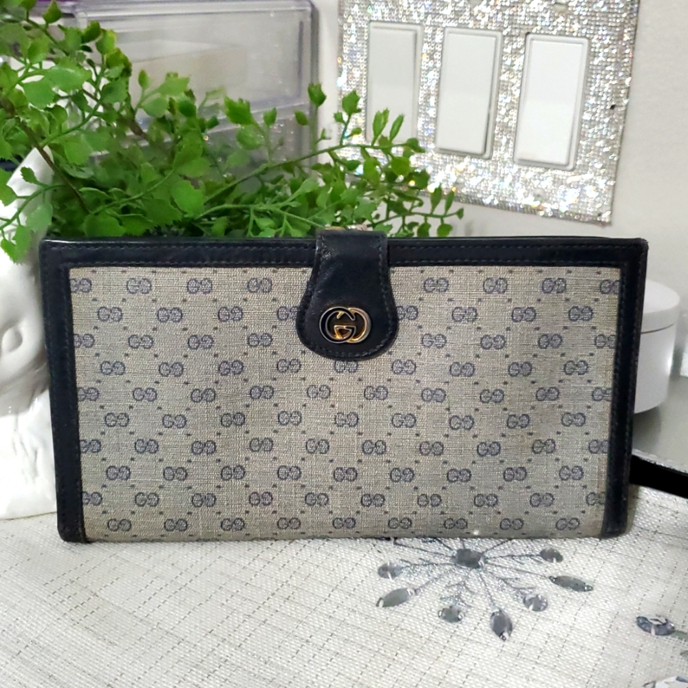 🇮🇹GUCCI Vintage Micro GG Canvas Leather Bifold Long Wallet Gray/Navy Blue💙